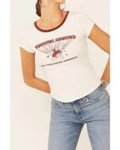 Shyanne Women's Off-White Horsing Around Graphic Short Sleeve Ringer Tee 6 Shyanne Women's Off-White Horsing Around Graphic Short Sleeve Ringer Tee -Western Chic Shop 2000338215 105 P3