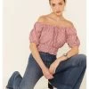 Beyond The Radar Women's Gingham Off-Shoulder Peasant Crop Top 