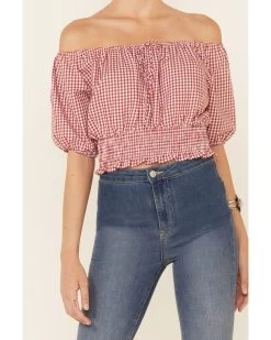 Beyond The Radar Women's Gingham Off-Shoulder Peasant Crop Top  -Western Chic Shop 2000343879 600 P3