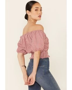 Beyond The Radar Women's Gingham Off-Shoulder Peasant Crop Top  -Western Chic Shop 2000343879 600 P4