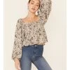 By Together Women's Floral Print Smocked Long Sleeve Crop Top 