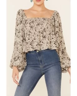 By Together Women's Floral Print Smocked Long Sleeve Crop Top  -Western Chic Shop 2000345706 251 P3