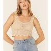 Very J Women's Natural Ruffle Strap Sweater-Knit Crop Tank Top  