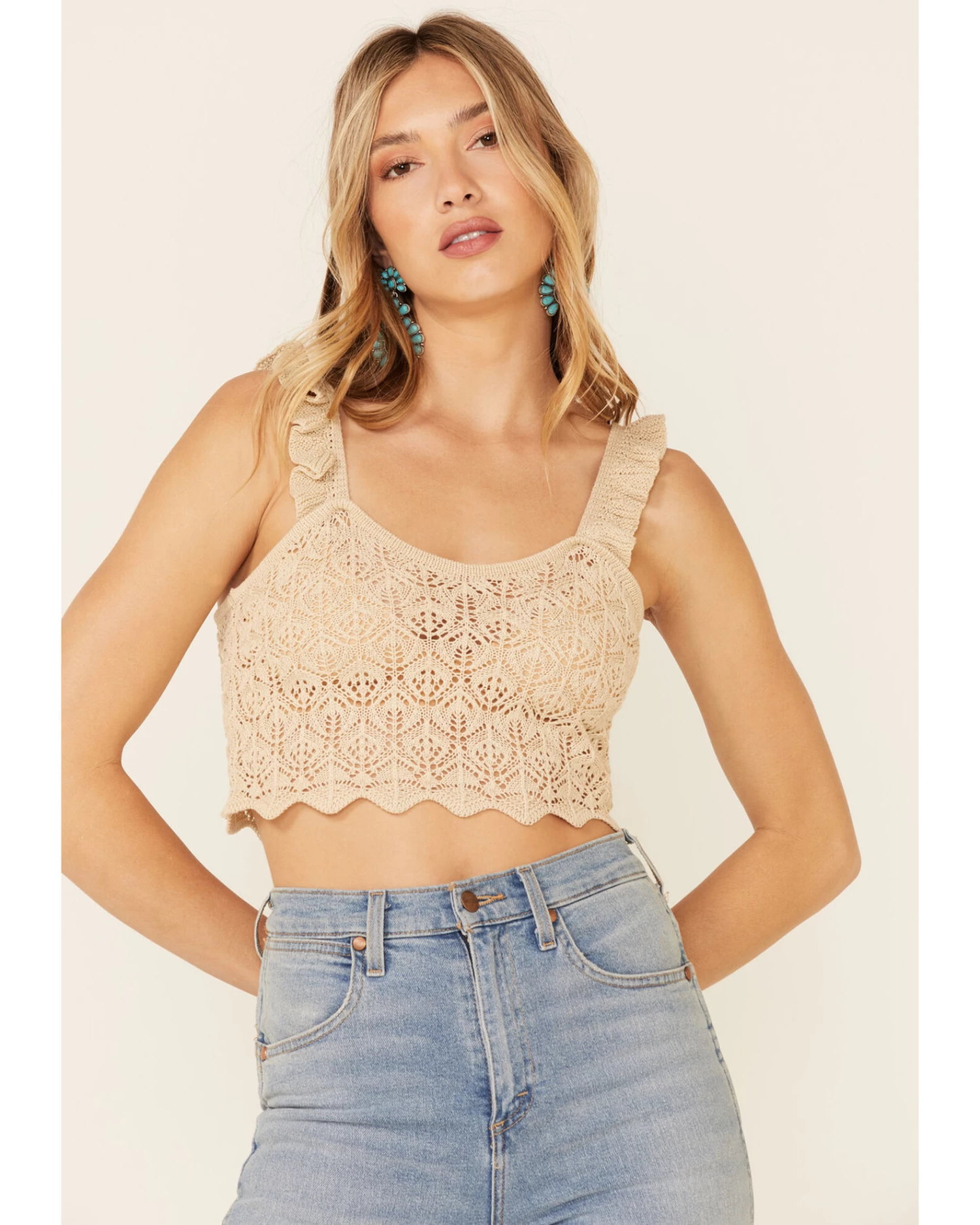 Very J Women's Natural Ruffle Strap Sweater-Knit Crop Tank Top 1 Very J Women's Natural Ruffle Strap Sweater-Knit Crop Tank Top