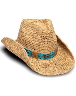 Nikki Beach Women's Natural Mazatlan Crochet Raffia Straw Western Hat 