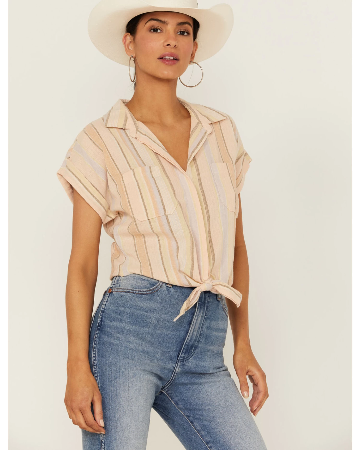 Shyanne Women's Multicolored Stripe Tie Front Camp Blouse 1 Shyanne Women's Multicolored Stripe Tie Front Camp Blouse