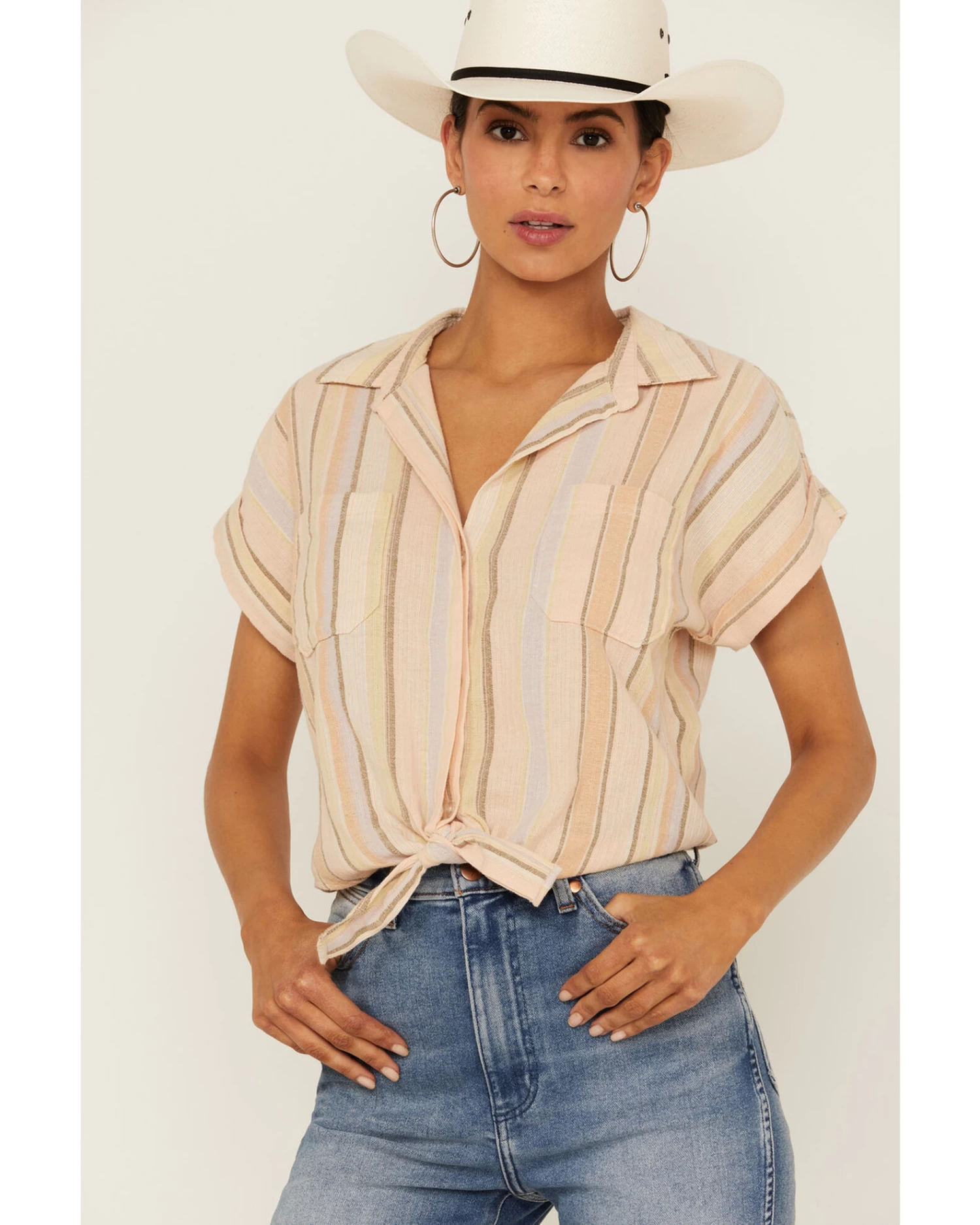 Shyanne Women's Multicolored Stripe Tie Front Camp Blouse 2 Shyanne Women's Multicolored Stripe Tie Front Camp Blouse - Image 2