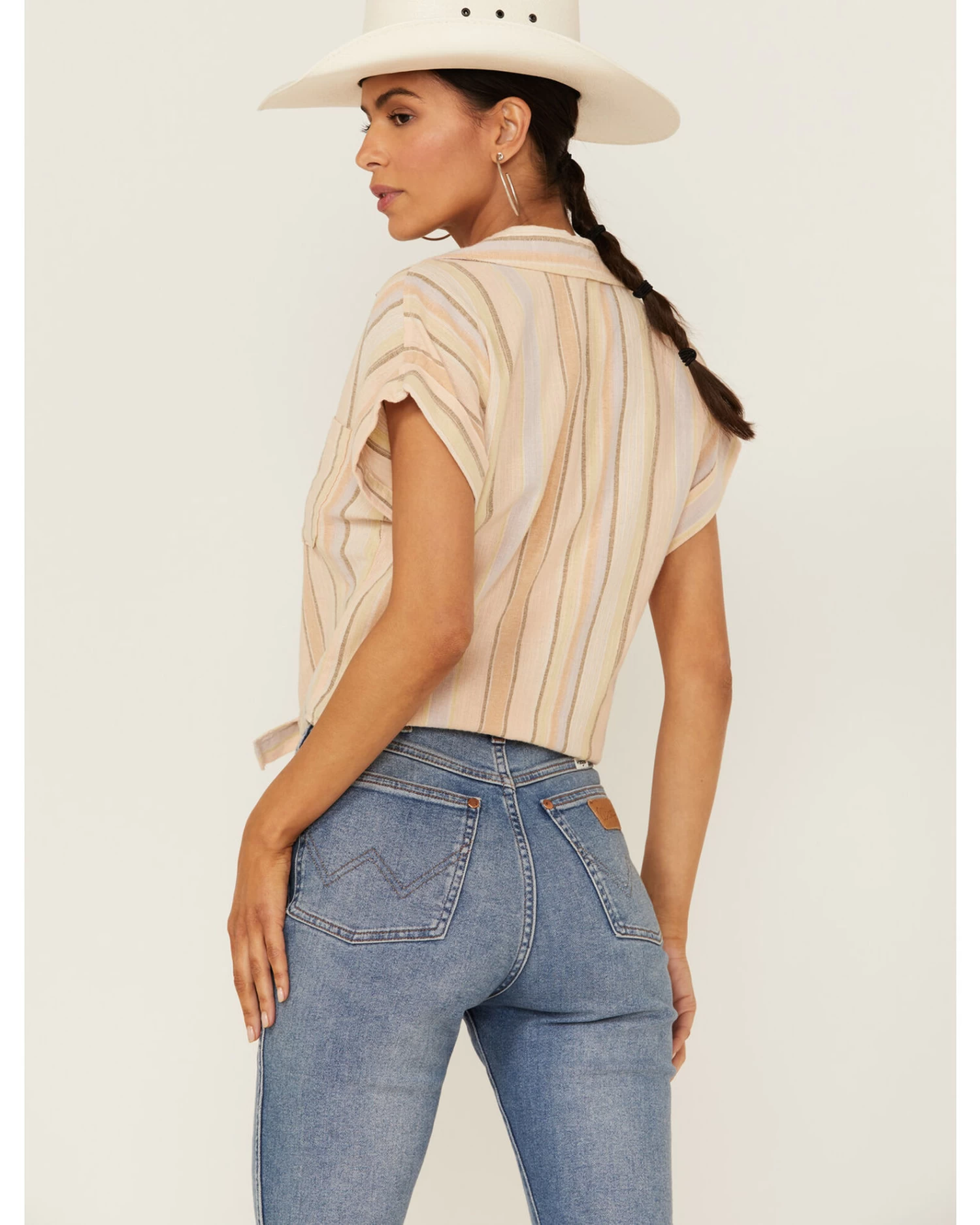 Shyanne Women's Multicolored Stripe Tie Front Camp Blouse 3 Shyanne Women's Multicolored Stripe Tie Front Camp Blouse - Image 3