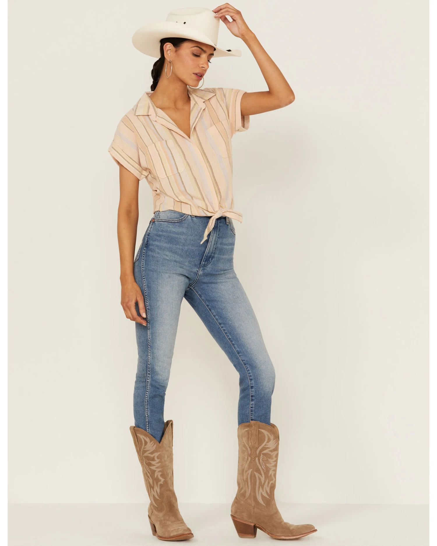 Shyanne Women's Multicolored Stripe Tie Front Camp Blouse 4 Shyanne Women's Multicolored Stripe Tie Front Camp Blouse - Image 4