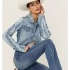 Shyanne Women's Stars & Stripes Print Cropped Frayed Hem Denim Jacket