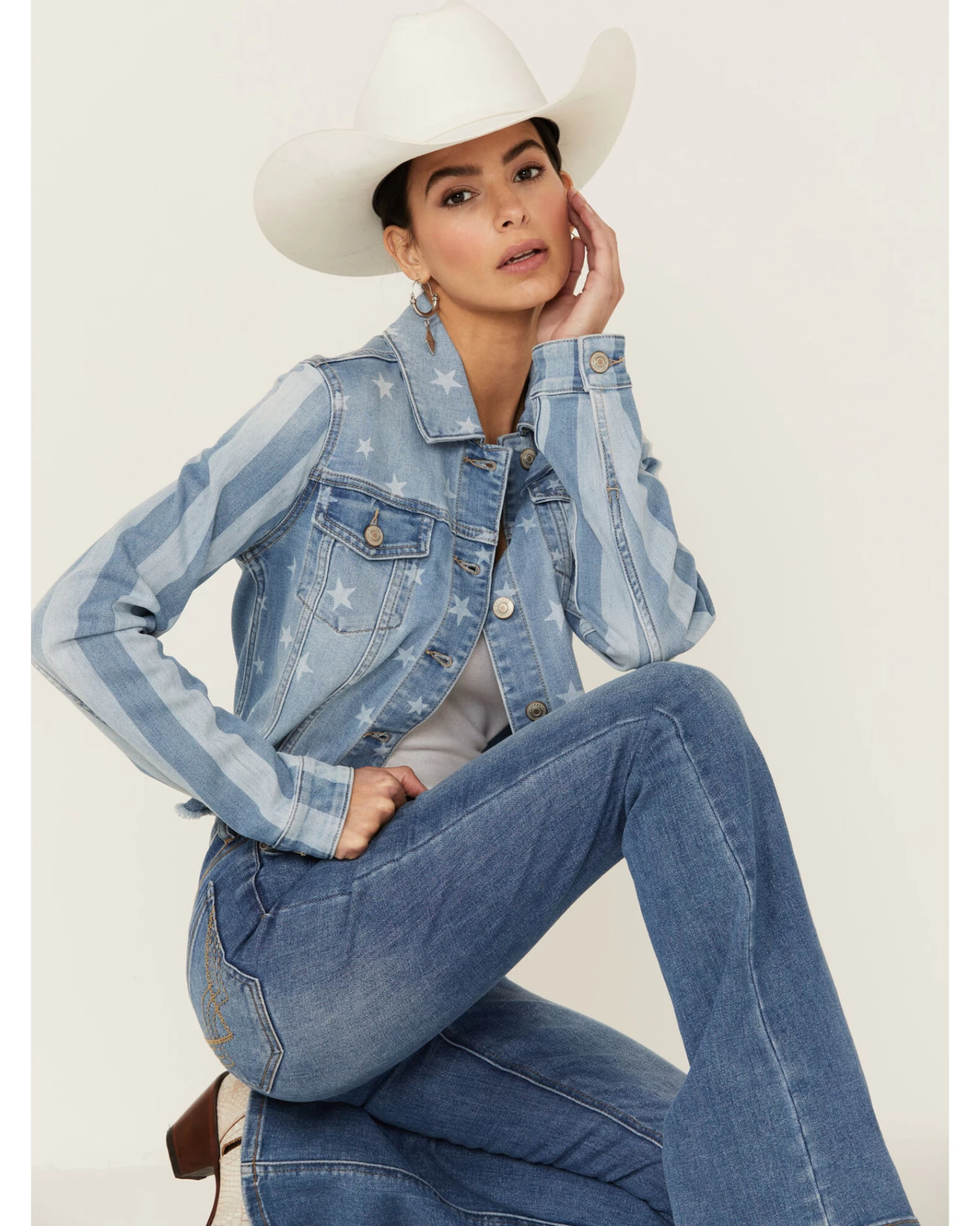 Shyanne Women's Stars & Stripes Print Cropped Frayed Hem Denim Jacket 1 Shyanne Women's Stars & Stripes Print Cropped Frayed Hem Denim Jacket