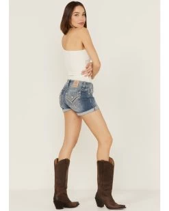 Miss Me Women's Embellished Medium Wash Mid Rise Shorts