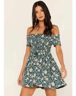 Shyanne Women's Floral Print Smocked Off Shoulder Dress 