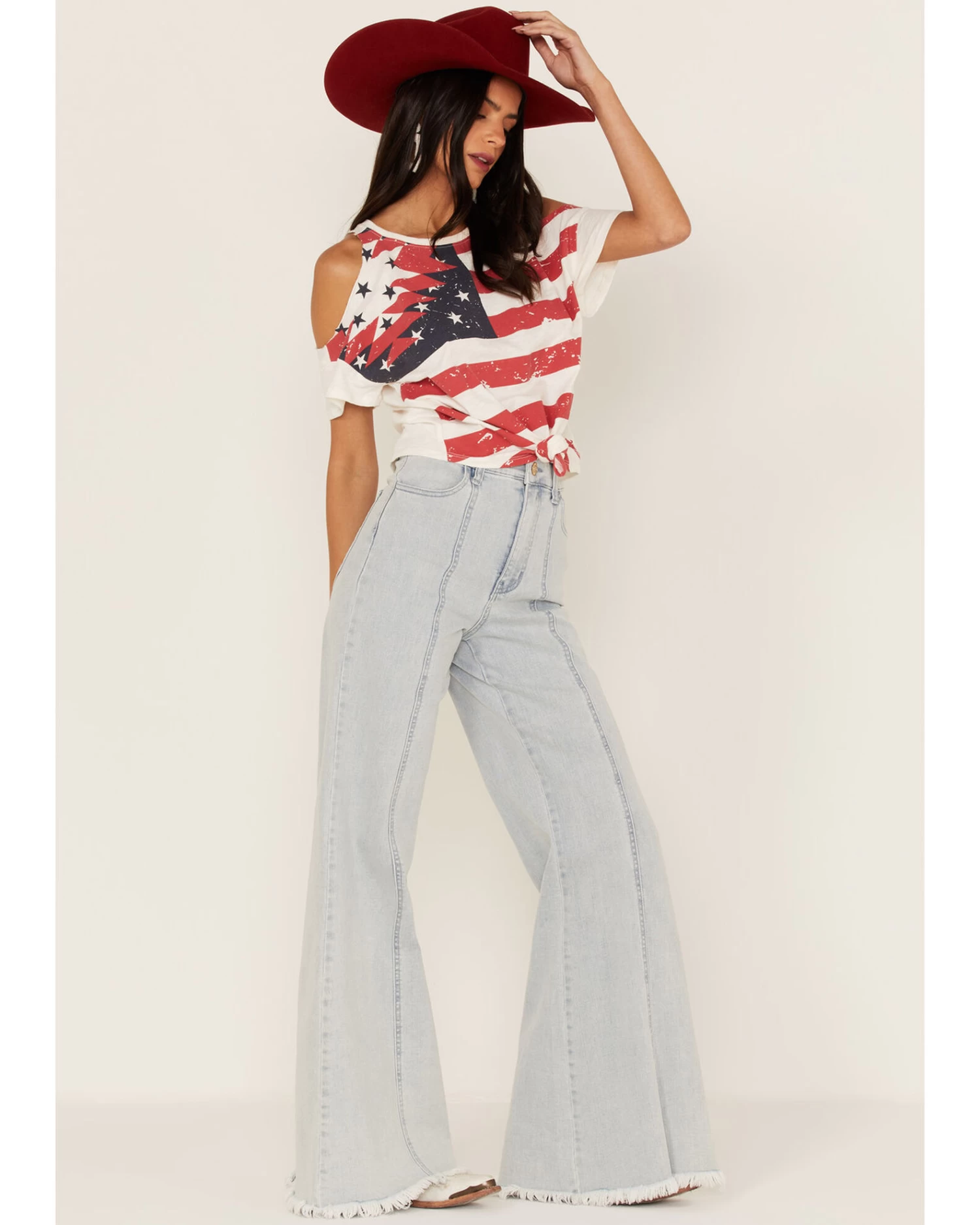 Shyanne Women's Americana Southwestern Flag Cold Shoulder Graphic Tee 2 Shyanne Women's Americana Southwestern Flag Cold Shoulder Graphic Tee - Image 2