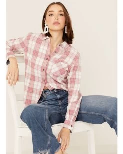 Flag & Anthem Women's Plaid Print Chest Pocket Long Sleeve Shirt 