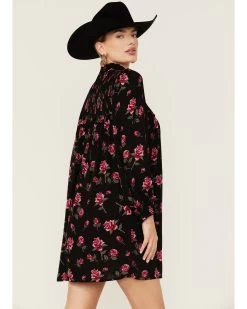 Angie Women's Navy Long Sleeve Smocked Floral Border Mini Dress -Western Chic Shop 2000365405 410 P3