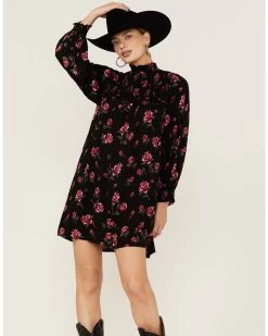 Angie Women's Navy Long Sleeve Smocked Floral Border Mini Dress -Western Chic Shop 2000365405 410 P4