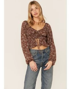 Wild Moss Long Sleeve Tie Front Ranched Floral Top