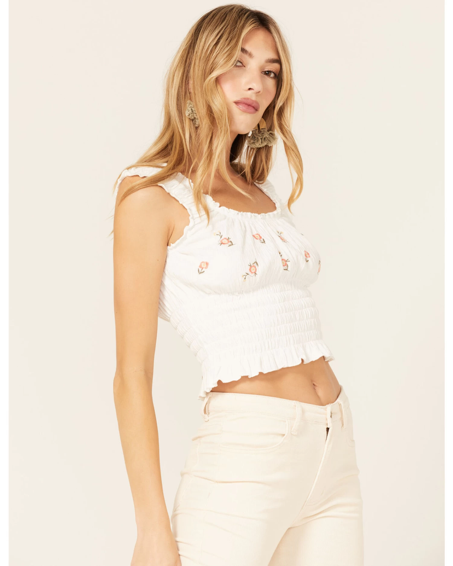 Jolt Women's Floral Embroidered Smocked Tank Top 1 Jolt Women's Floral Embroidered Smocked Tank Top