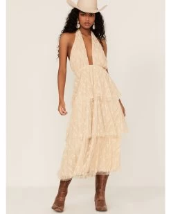 Flying Tomato Women's Floral Lace Halter Tiered Midi Dress