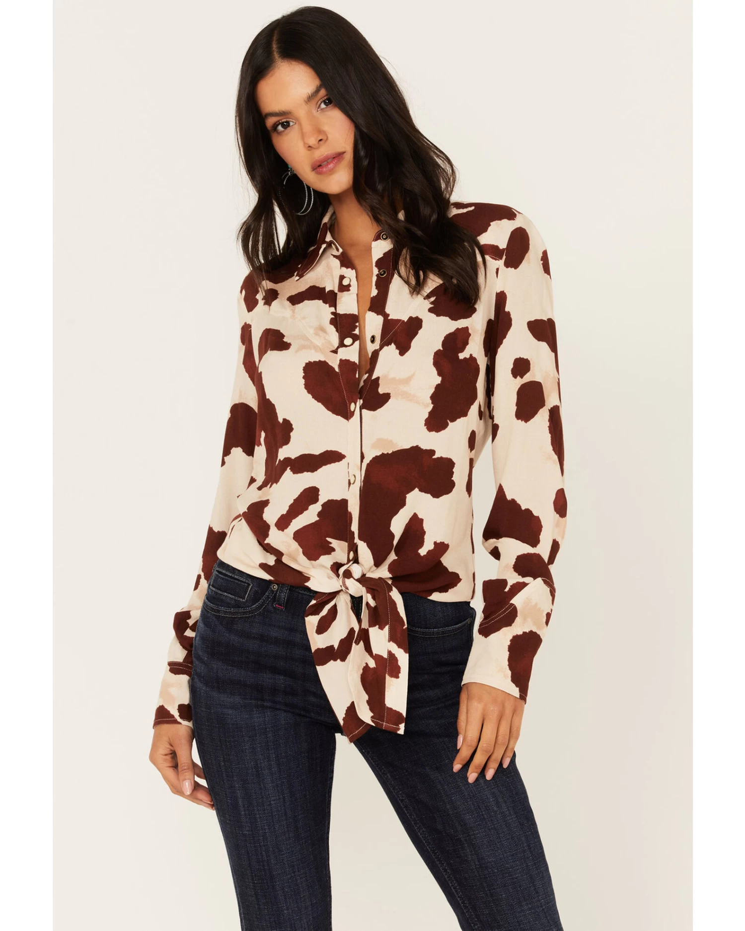 Idyllwind Women's Cow Print Tie Front Long Sleeve Western Shirt 1 Idyllwind Women's Cow Print Tie Front Long Sleeve Western Shirt