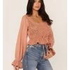 Free People Women's Megan Crochet Knit Peplum Puff Sleeve Top