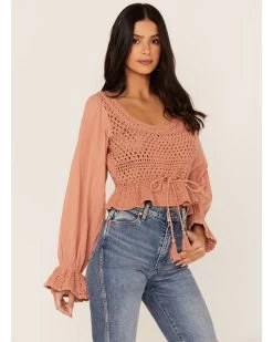 Free People Women's Megan Crochet Knit Peplum Puff Sleeve Top