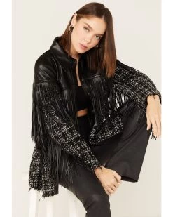 Boom Boom Jeans Women's Tweed & Fringe Faux Leather Western Jacket