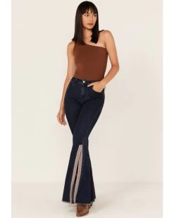 Saints & Hearts Women's Dark Wash High Rise Embroidered Slit Flare Jeans