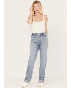 Cleo + Wolf Women's Medium Wash Short Straight Cuffed Jeans