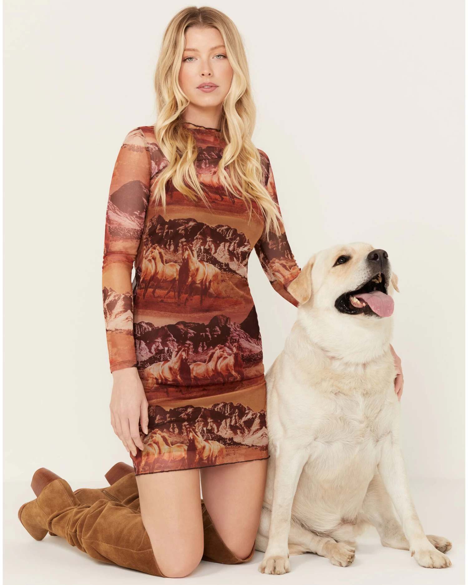 Rock & Roll Denim Women's Mesh Printed Long Sleeve Dress 1 Rock & Roll Denim Women's Mesh Printed Long Sleeve Dress