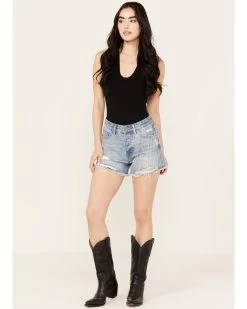 Rock & Roll Denim Women's Light Wash Mid Rise Chain Fringe Denim Shorts