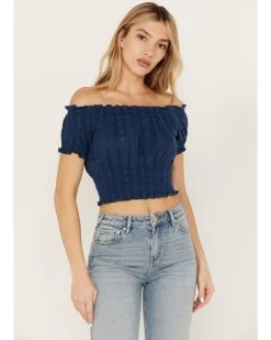 Cleo + Wolf Women's Knit Eyelet Smocked Crop Top