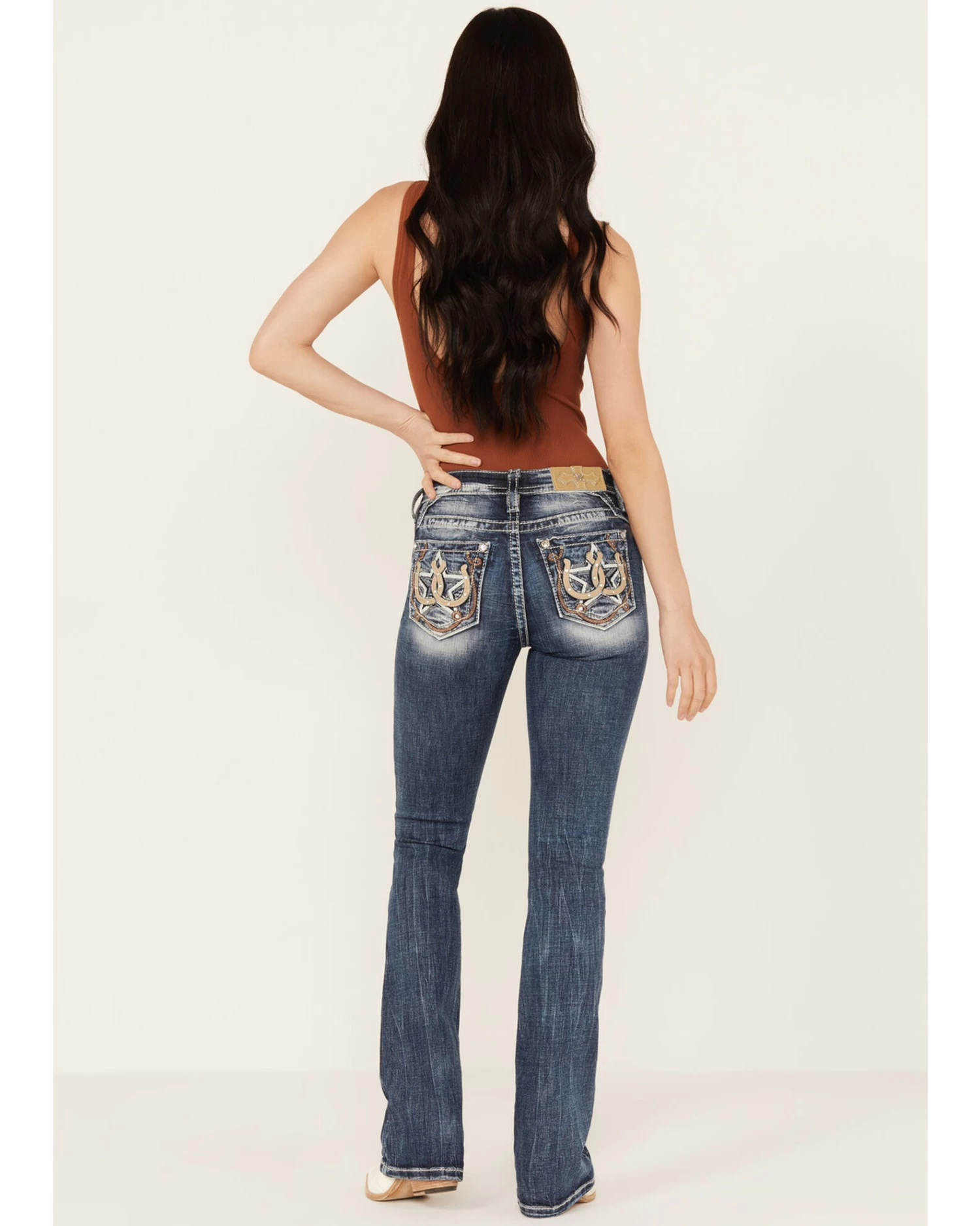 Miss Me Women's Dark Wash Mid Rise Double Horseshoe Stretch Bootcut Jeans 1 Miss Me Women's Dark Wash Mid Rise Double Horseshoe Stretch Bootcut Jeans