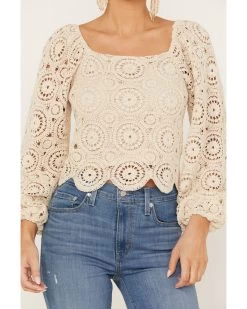 Flying Tomato Women's Crochet Long Sleeve Peasant Top -Western Chic Shop 2000388707 101 P3